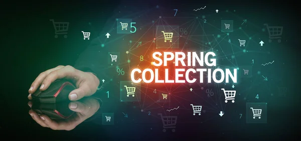 Hand Houden Draadloos Perifeer Met Spring Collection Inscriptie Online Shopping — Stockfoto