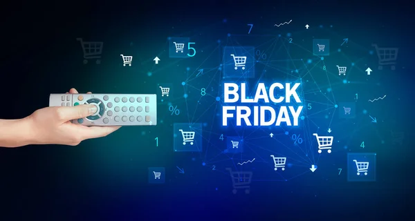 Hand Holding Wireless Peripheral Black Friday Inscription Online Shopping Concept — Stock Photo, Image