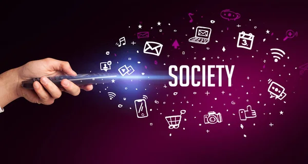 Hand Hält Drahtlose Peripherie Mit Society Aufschrift Social Media Konzept — Stockfoto