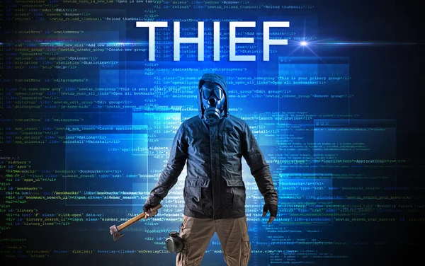 Ansiktslös Hacker Med Thief Inskription Binär Kod Bakgrund — Stockfoto