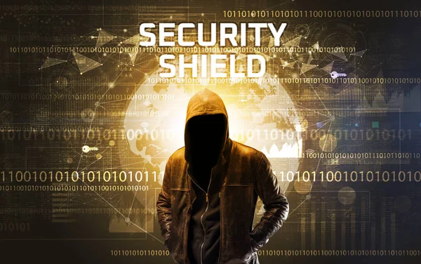 Security Shield Yazıtları Bilgisayar Güvenlik Kavramı Ile Çalışan Yüzsüz Hacker — Stok fotoğraf