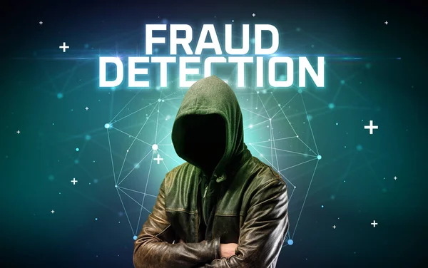 stock image Mysterious hacker with FRAUD DETECTION inscription, online attack concept inscription, online security concept