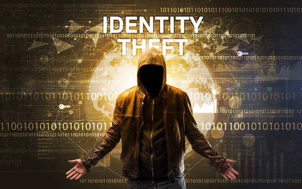 Gesichtsloser Hacker Bei Der Arbeit Mit Der Aufschrift Identity Theft — Stockfoto