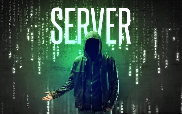 Gezichtloze Hacker Met Server Inscriptie Hacken Concept — Stockfoto