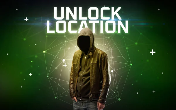 Mystisk Hacker Med Unlock Location Inskription Online Attack Koncept Inskription — Stockfoto