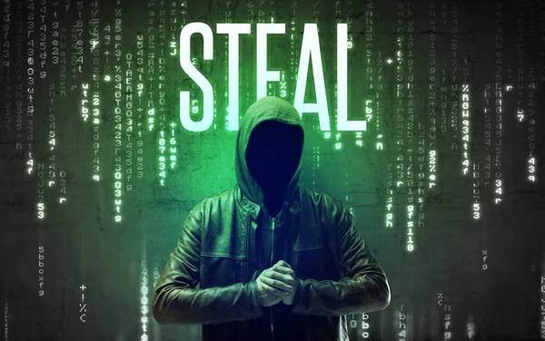Hacker Sem Rosto Com Inscrição Steal Conceito Hacking — Fotografia de Stock