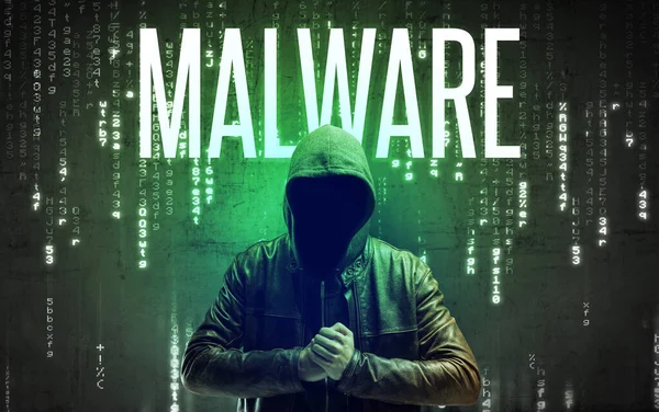 Beztvářný Hacker Nápisem Malware Hacking Koncept — Stock fotografie