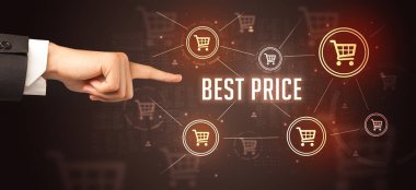BEST PRICE yazıtlarına, çevrimiçi alışveriş konseptine yakın el işaretleri