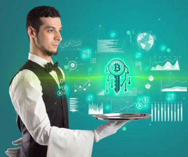 Genç garson tepside ikonalar sunuyor, para değişimi konsepti.