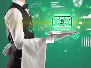 Genç garson tablada para ikonu servis ediyor, para değişimi konsepti.