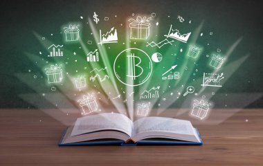 Üzerinde bitcoin simgeleri olan açık kitabın yakın çekimi, büyük kar kavramı