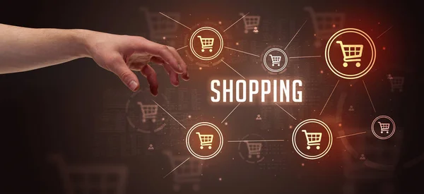 Крупный План Обрезанной Руки Указывающий Надпись Shopping Концепцию Покупок Интернете — стоковое фото