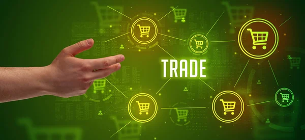 Close Przyciętej Dłoni Wskazując Napis Trade Koncepcja Zakupów Online — Zdjęcie stockowe