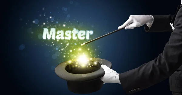 Goochelaar Toont Magische Truc Met Master Inscriptie Educatief Concept — Stockfoto