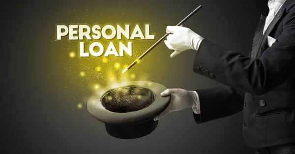 Iluzjonista Pokazuje Magiczną Sztuczkę Napisem Personal Loan Nowa Koncepcja Modelu — Zdjęcie stockowe