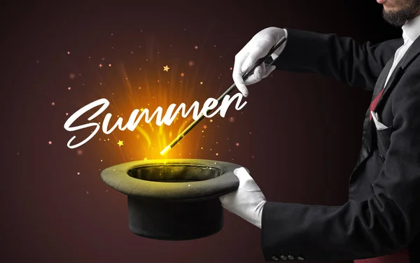 Magician Showing Magic Trick Summer Inscription Traveling Concept — Stock Photo, Image