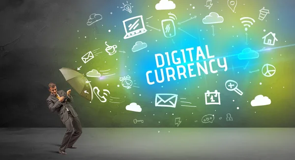 Obchodník Bránící Deštníkem Nápisu Digital Currency Moderní Koncept Technologie — Stock fotografie
