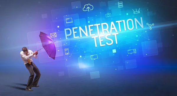 Affärsman Försvara Med Paraply Från Cyberattack Och Penetration Test Inskription — Stockfoto