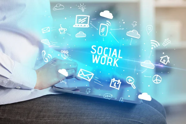 Close Person Using Social Networking Social Work Inscription — Stock Photo, Image