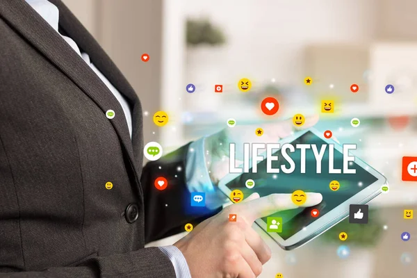 Close Business Person Playing Multimedia Social Media Icons Lifestyle Inscription — Stock Photo, Image