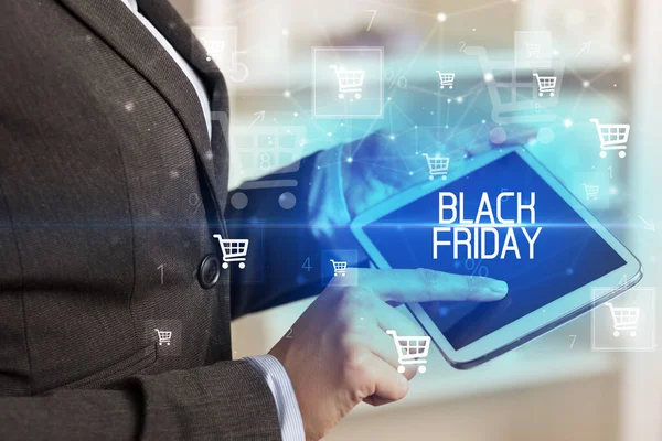 Young Person Makes Purchase Online Shopping Application Black Friday Inscription — Stock Photo, Image
