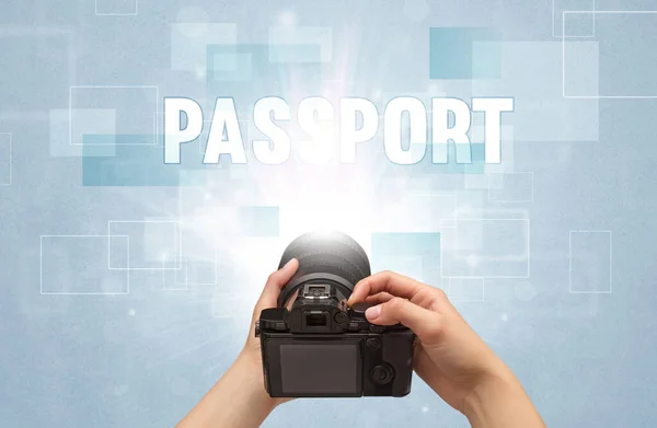 Close Hand Holding Digital Camera Passport Inscription Traveling Concept — Stock Photo, Image