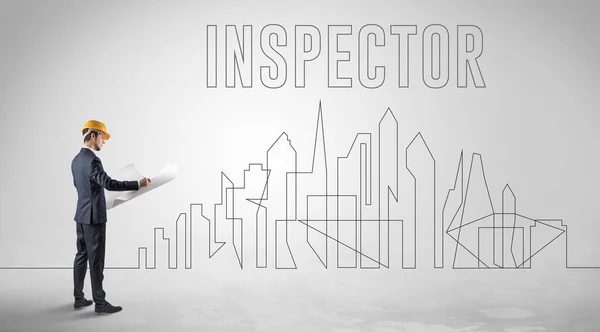 Üzletember Keménykalap Gazdaság Tervrajz Inspector Felirat Mérnöki Építészeti Koncepció — Stock Fotó