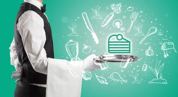 Waiter Holding Silver Tray Slice Cake Icons Coming Out Health — Stock Photo, Image
