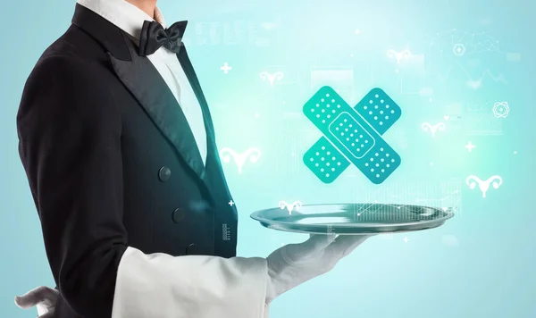 Handsome Young Waiter Tuxedo Holding Tray Bandage Icons Tray Global — Stock Photo, Image
