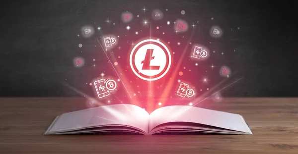 Open book with litecoin icons above, currency exchange concept