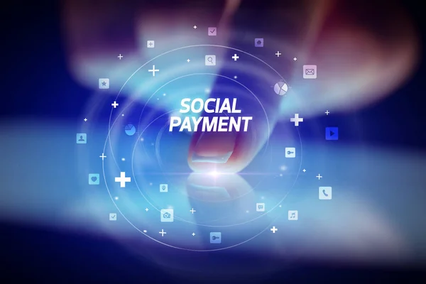 Палець Торкається Планшета Піктограмами Соціальних Мереж Social Payment — стокове фото