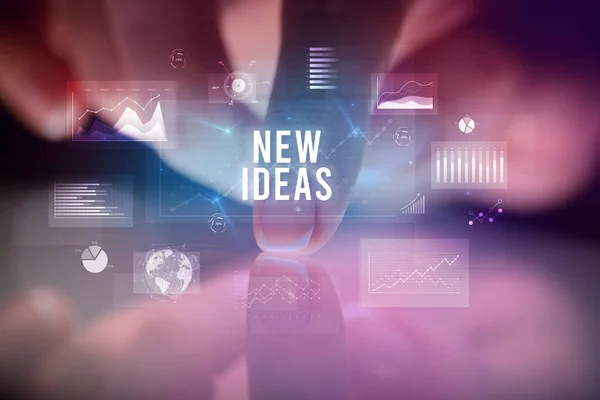 Vinger Aanraken Tablet Met Grafieken Nieuwe Ideeën Inscriptie Business Concept — Stockfoto