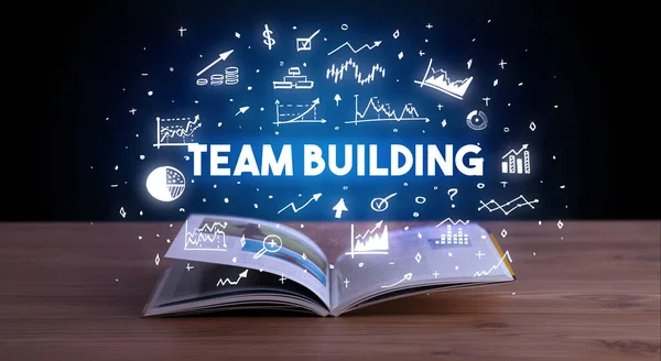 Napis Team Building Wychodzący Otwartej Książki Koncepcja Biznesowa — Zdjęcie stockowe