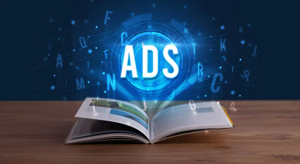 Ads Inscription Coming Out Open Book Digital Technology Concept — Stock Photo, Image