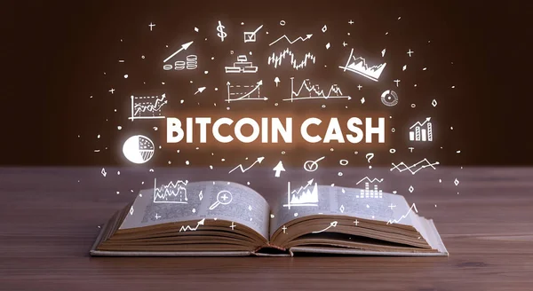 BITCOIN CASH inscription coming out from an open book, business concept