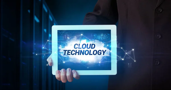 Young Business Person Working Tablet Shows Inscription Cloud Technology — Stock Photo, Image