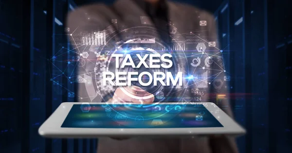Young Business Person Working Tablet Shows Inscription Taxes Reform Business — Stock Photo, Image