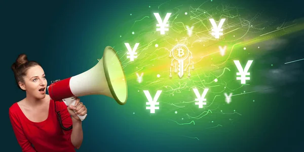 Young Person Yelling Megaphone Blockchain Icon Currency Exchange Concept — Stock Photo, Image