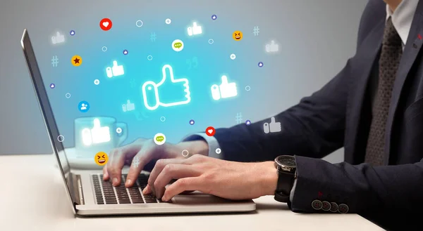 Hand Surfing Social Media Icons Coming Out Screen Networking Concept — Stock Photo, Image