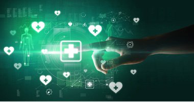 Doktor el, ekranda ilk yardım sembolü olan fütüristik sağlık aygıtı, fütüristik kavram