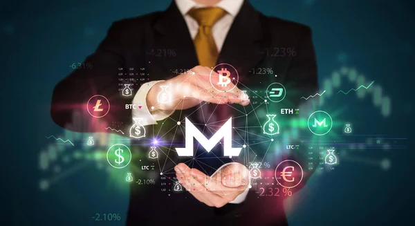 Businessman Holding Monero Symbol Investment Concept — Stock Photo, Image