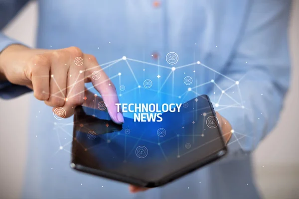 Businessman Holding Foldable Smartphone Technology News Inscription New Technology Concept — Stock Photo, Image