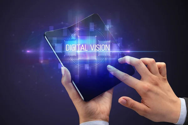 Geschäftsmann Mit Faltbarem Smartphone Mit Digitaler Vision Beschriftung Neuem Technologiekonzept — Stockfoto
