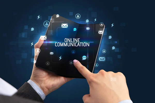 Businessman Holding Foldable Smartphone Online Communication Inscription Social Networking Concept — Stock Photo, Image