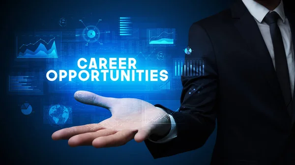 Mão Empresário Segurando Inscrição Career Opportunities Conceito Sucesso Empresarial — Fotografia de Stock
