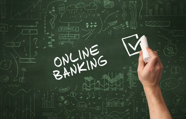Hand drawing ONLINE BANKING inscription with white chalk on blackboard, new business concept
