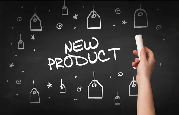 用白粉笔在黑板上手绘新的产品Ct题词 网上购物概念 — 图库照片