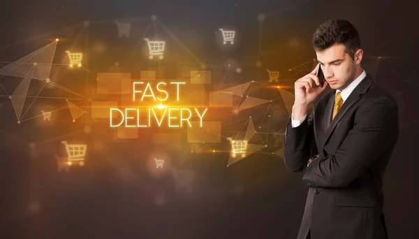 Zakenman Met Winkelwagenpictogrammen Fast Delivery Inscriptie Online Shopping Concept — Stockfoto