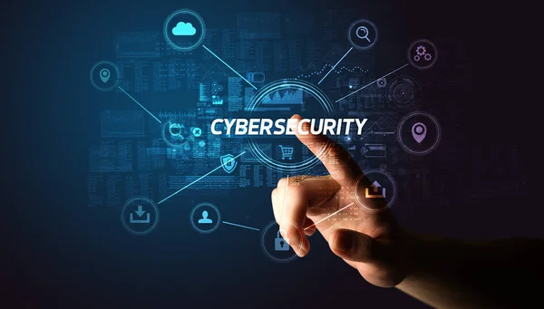 Χέρι Αγγίζοντας Επιγραφή Cybersecurity Έννοια Cybersecurity — Φωτογραφία Αρχείου