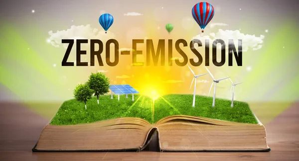 Open Book Zero Emission Inscription Renewable Energy Concept — Stock Photo, Image